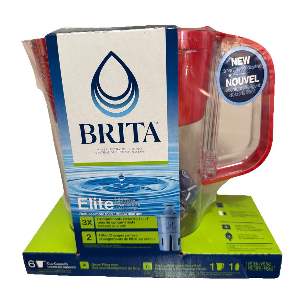 2 pack Brita Elite 6-Cup Red Water Pitcher Clean Filter Smart Filter Alert